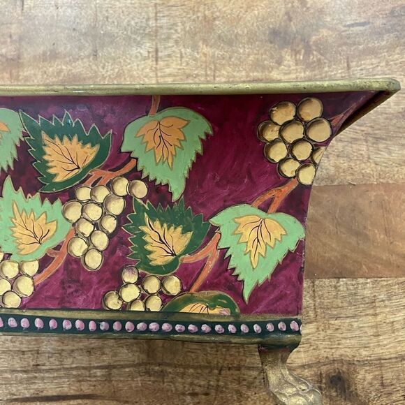 Vintage hand painted metal toleware footed planter cachepot - Picture 3 of 5